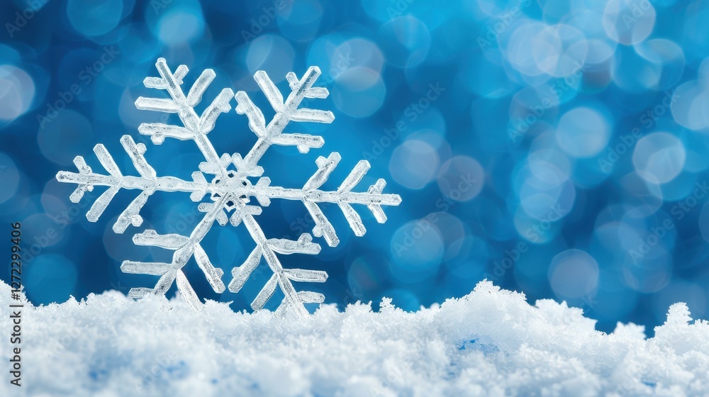 Poster a stunning closeup of a single snowflake, capturing its intricate design against a soft, abstract ba