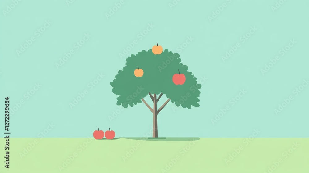 Poster a minimalist 2d vector of a simple apple tree, featuring clean lines and bright apples against a pla