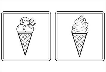 Simple black and white vector line art showing two different styles of ice cream in waffle cones, one with scoops and the other swirled soft serve