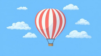 A lone hot air balloon soars gracefully against a clear blue sky, showcasing minimal design and clean lines in 2D vector style.