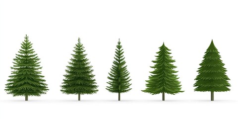 Obraz premium Five evergreen trees stand in a row on white