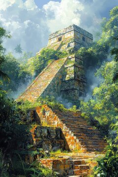 Mayan Pyramid Surrounded by Tropical Foliage in Chiapas Mexico