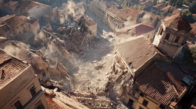 The earth quakes violently, toppling buildings in an ancient town. Dust and debris fill the street as residents flee from the ruins, seeking safety amid the chaos and destruction