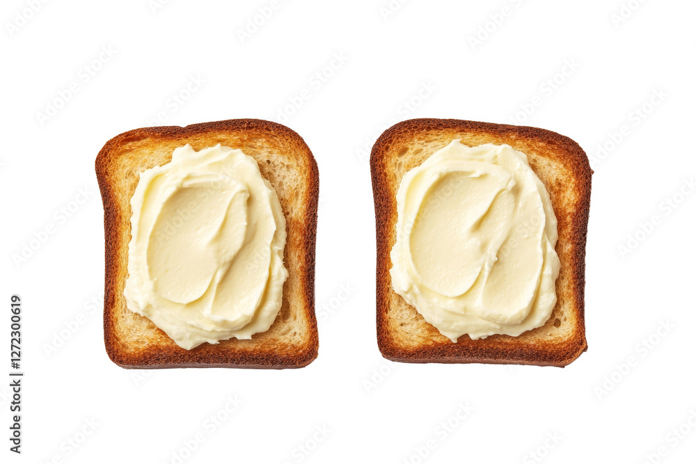 Poster two slices of toast with butter on top, isolated