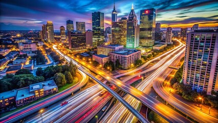 Obraz premium Long Exposure Downtown Traffic Lights Trails - Aerial Drone Photography