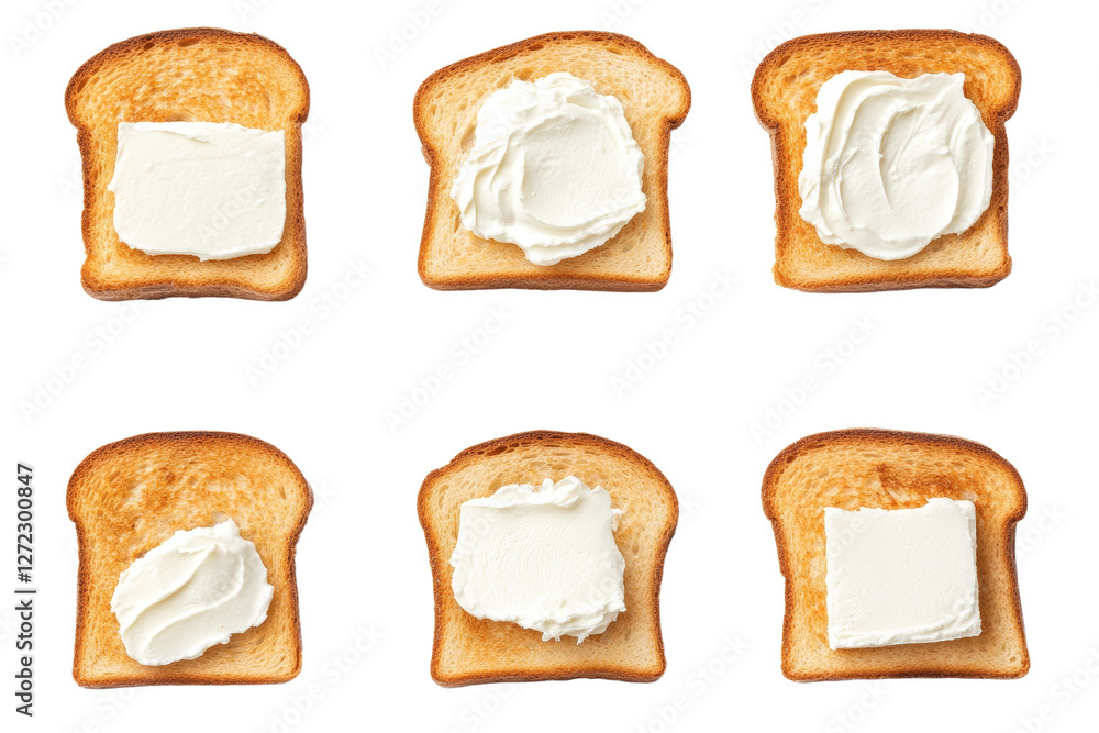 Poster close up of six slices of toast with different spreads on them, isolated