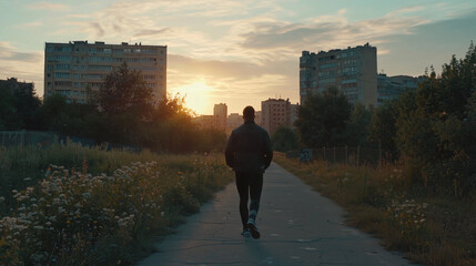 Man walking on a cracked urban path at sunset, surrounded by wildflowers and old apartment buildings, evoking solitude and nostalgia