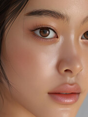 Immersive digital art depicting a stunning Asian model with a focus on her exquisite facial features.