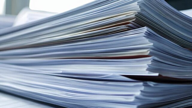 Stacks of neatly arranged papers filling a workspace during a busy office day