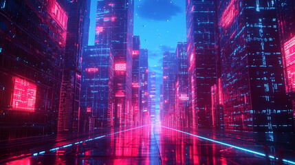 Obraz premium Futuristic cyberpunk cityscape with neon-lit skyscrapers, glowing digital grids, and a reflective high-tech street at dusk