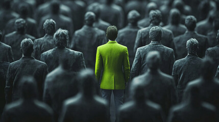 Obraz premium A man in a vibrant green jacket stands out among a crowd of grayscale people all facing away creating a striking contrast and symbolic imagery 