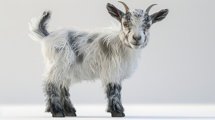 A baby goat with a tiny bell around its neck stand