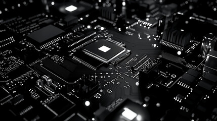 Obraz premium Dark circuit board close-up, glowing components, technology background, digital design