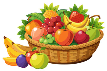 vector of ripe fresh fruits in a basket isolated on white background