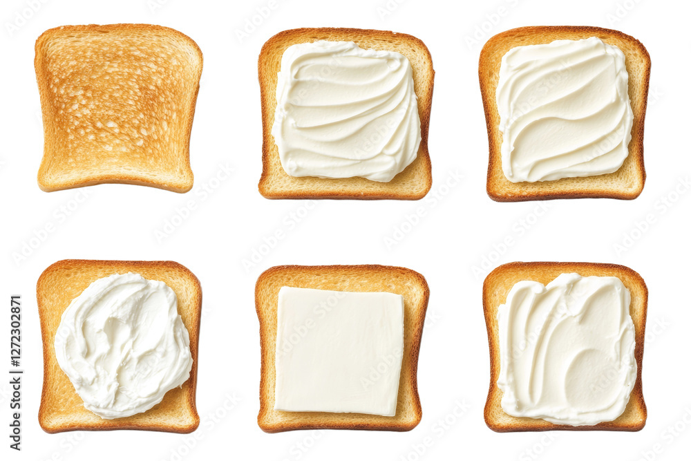 Poster close up of six different toasted breads with various spreads on them, isolated