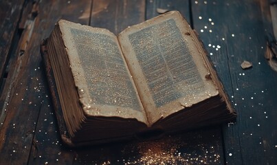 image of open antique book on wooden table with glitter overlay.