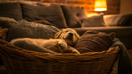 Obraz premium Golden Retriever puppies sleeping soundly in wicker basket, cozy living room, warm evening light, ideal for pet websites