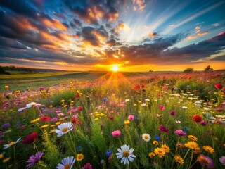 Fototapeta premium Long Exposure Meadow Flowers: Vibrant Wildflower Pattern at Sunset