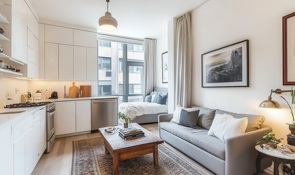 In this condominium, the open-plan studio apartment boasts a small white kitchen and a living room with a grey couch and a wooden coffee table.