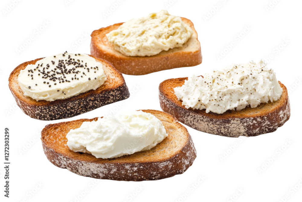 Poster four different types of bread with different toppings, isolated