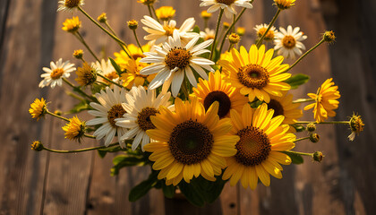 Bouquet of sunflowers and daisies on wooden table, Sunlit flowers, Warm sunshine