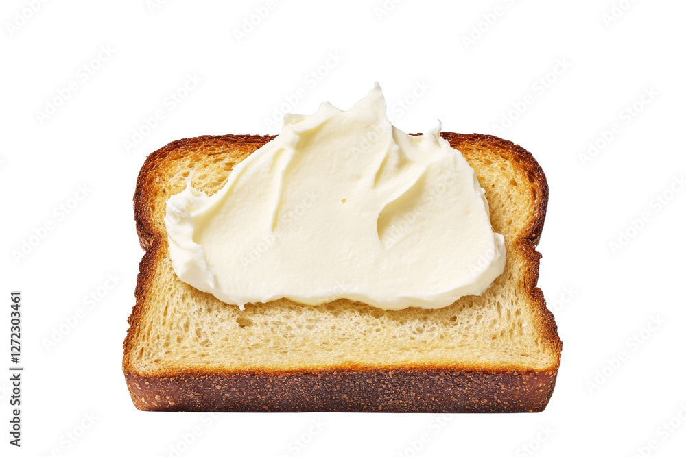 Poster slice of bread with a thick layer of butter on top, isolated