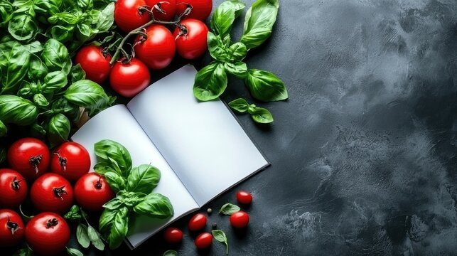 Fresh tomatoes, basil, recipe book; cooking inspiration