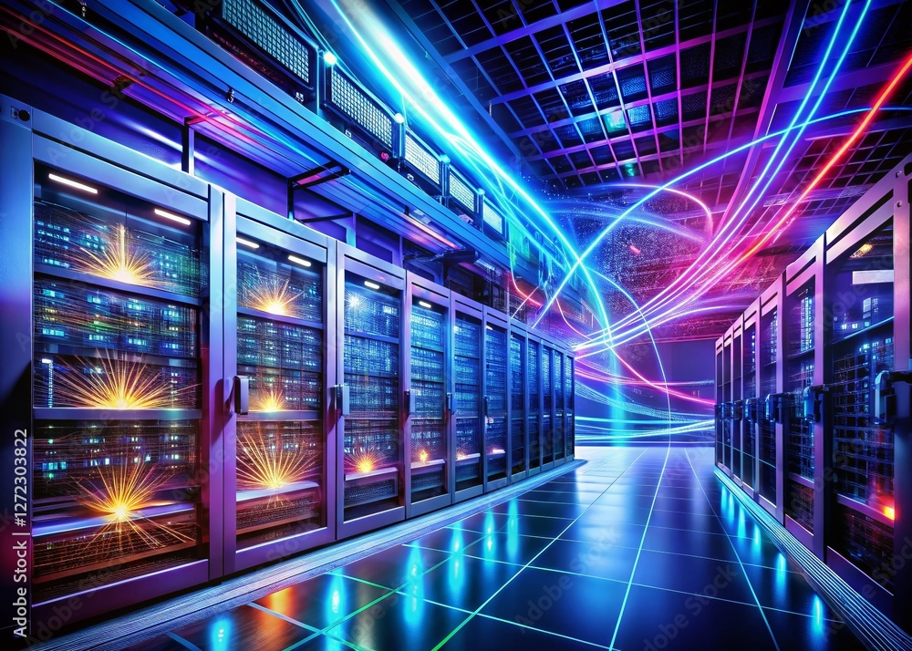 Poster long exposure of glowing data servers in a cloud computing data center