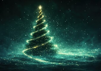 minimalistic abstract green christmas tree with white stars and glowing highlights