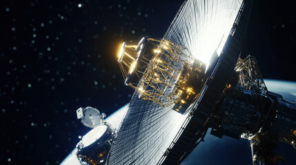 A massive satellite dish orbits Earth, relaying critical communications. Its reflective surface captures sunlight while sending signals back to ground stations, ensuring connectivity