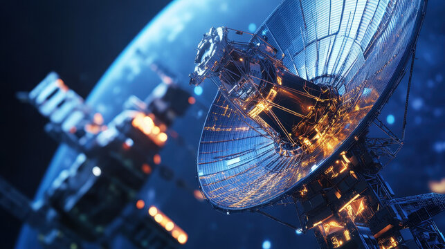 A large satellite dish orbits Earth, actively relaying communication signals. Its intricate design showcases advanced technology facilitating important data exchanges