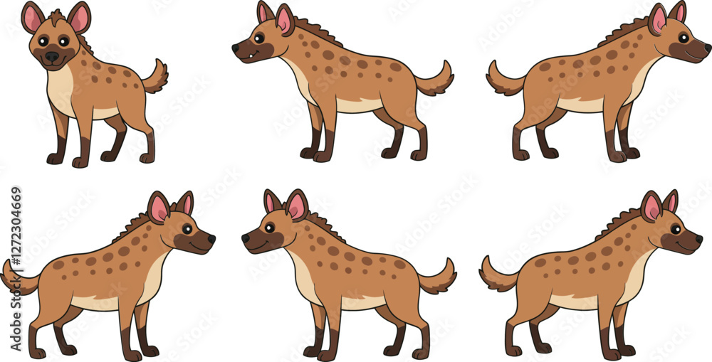 Poster hyena character design in playful style featuring multiple poses in flat vector art
