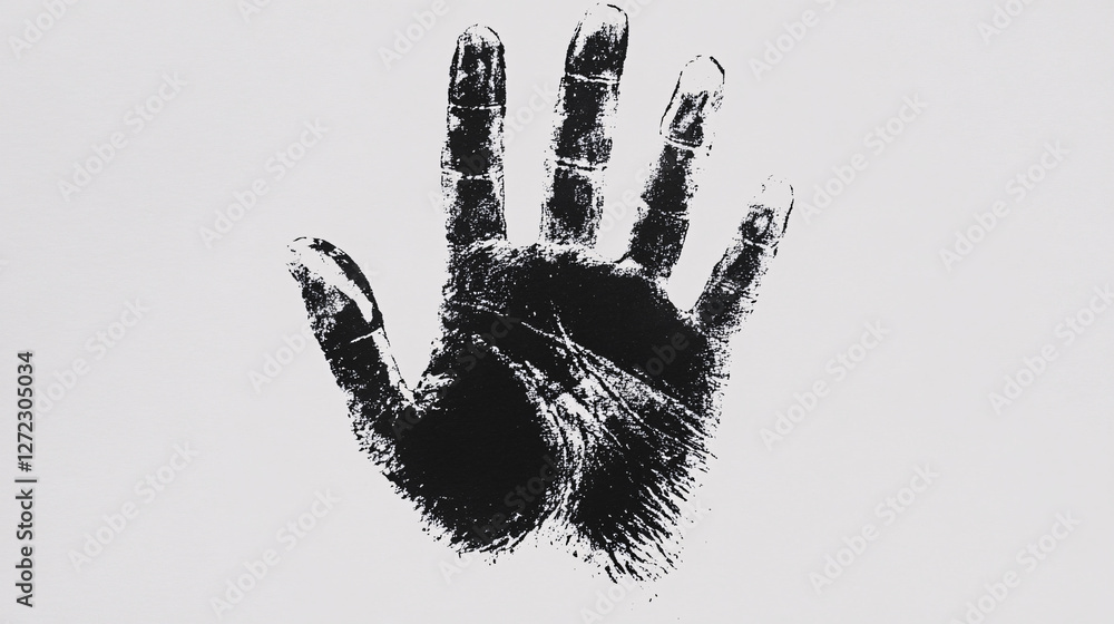 Poster a highly detailed black ink handprint on a white background showing intricate palm lines and fingerp