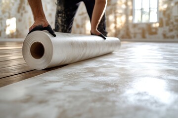 laying new PVC flooring in a modern home renovation