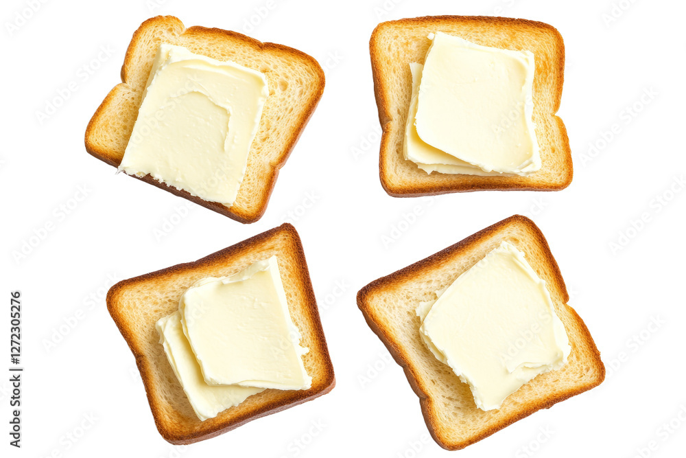 Poster four slices of toast with butter on top, isolated