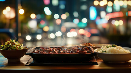 A Korean barbecue setup showcases sizzling grilled meat alongside vibrant side dishes and rice on a wooden table, with a bustling city backdrop illuminated at night