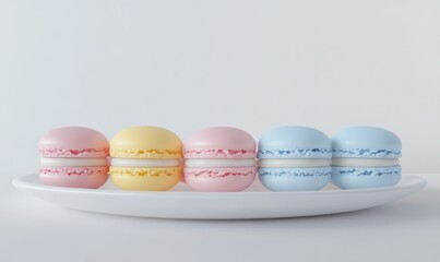Obraz premium Delicious macarons in pastel hues of pink, yellow, and blue, arranged neatly on a white platter for an elegant dessert spread