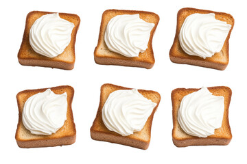 Close up of six white toasted breads with a thick layer of whipped cream on to, isolated