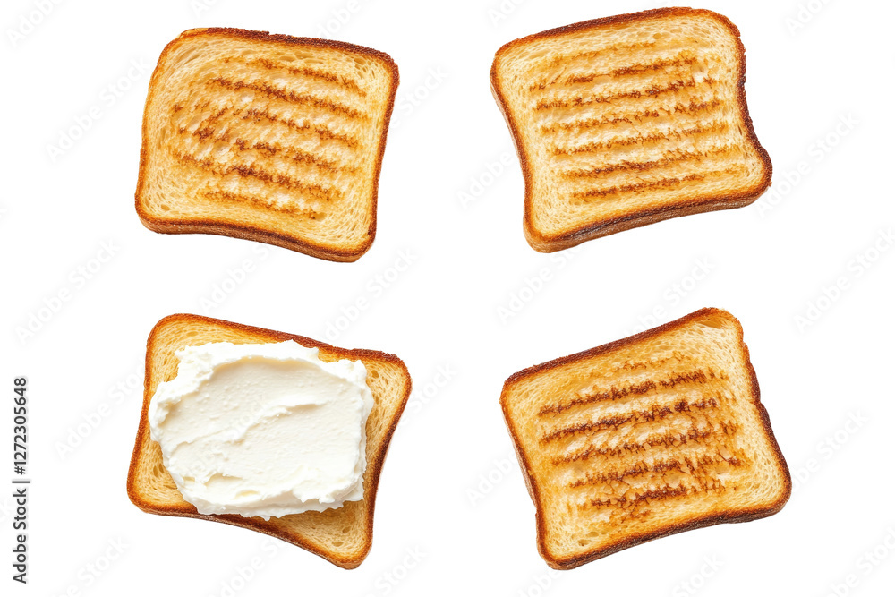 Poster four slices of toast with a spread of butter on one of them, isolated