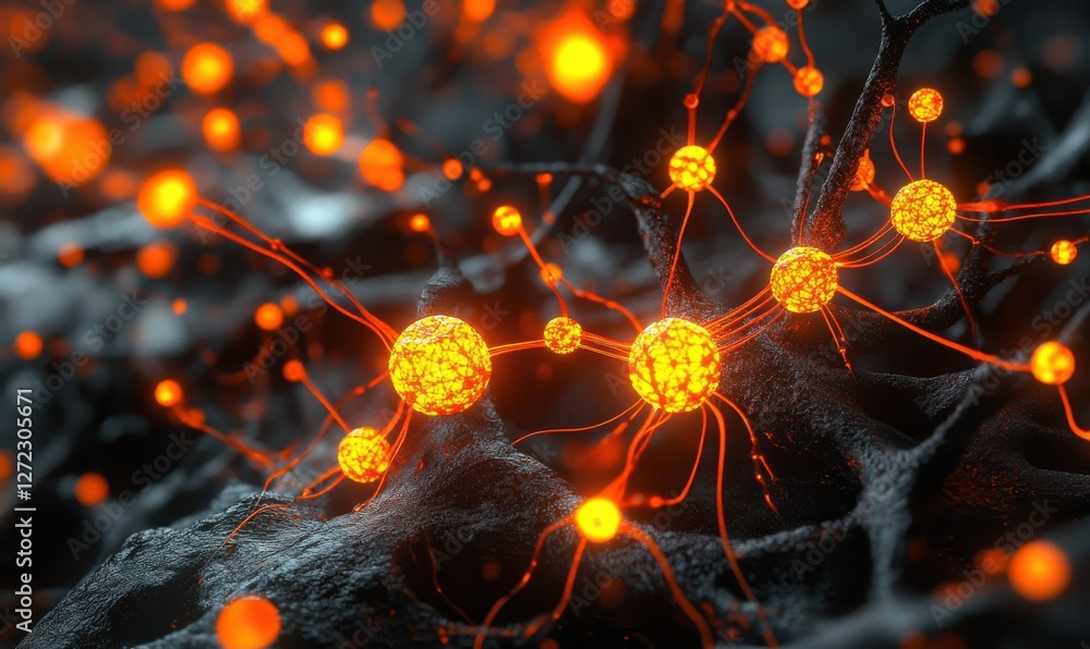 Poster abstract neural network concept with glowing nodes and vibrant orange pathways, advanced ai theme hi