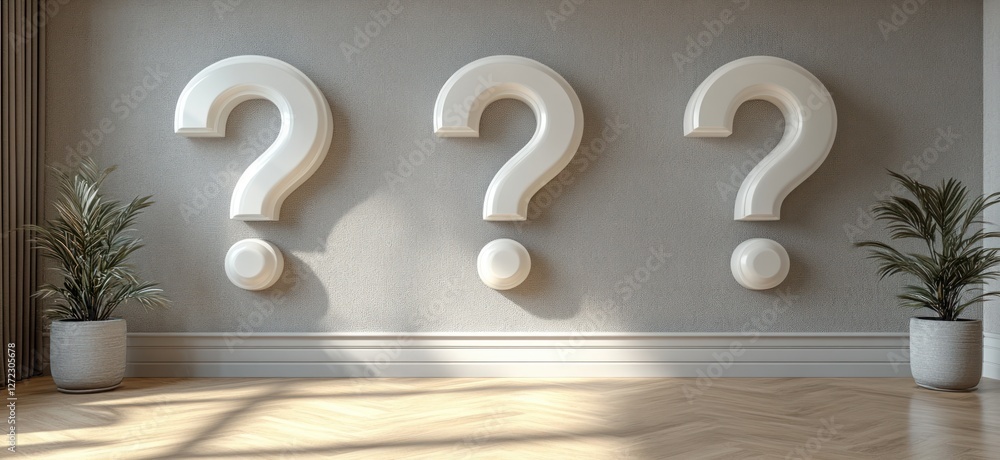 Poster three large suspended question marks in minimalist design with soft lighting against a gray backgrou