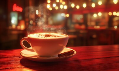 Obraz premium Cup of frothy cappuccino with cinnamon on a red wooden surface, soft steam rising in the ambient light of a cozy cafe scene