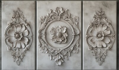 This collection of three canvases highlights volumetric stucco molding on a concrete wall, featuring antique bronze elements.
