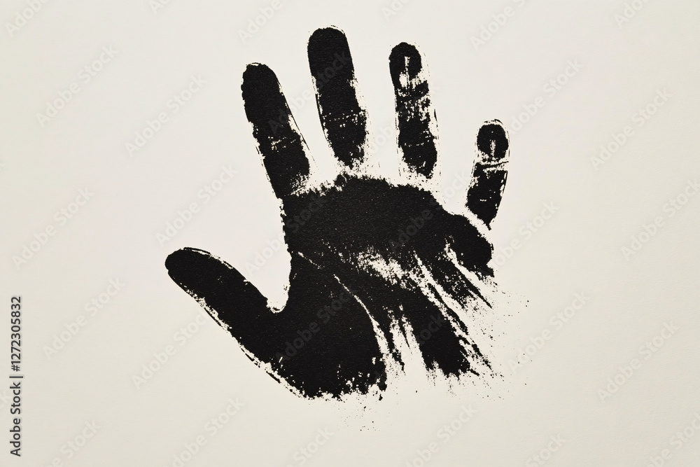 Aufkleber a distressed black handprint on a white canvas showing rough texture and expressive details symboliz