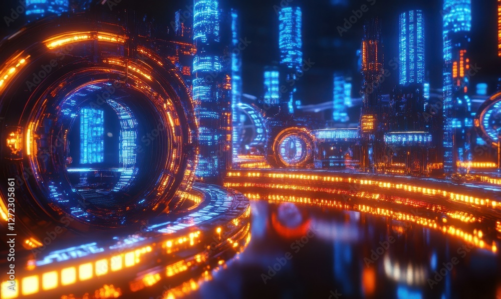 Poster abstract rendering of complex circuits forming glowing data patterns, vibrant neon blue and orange t
