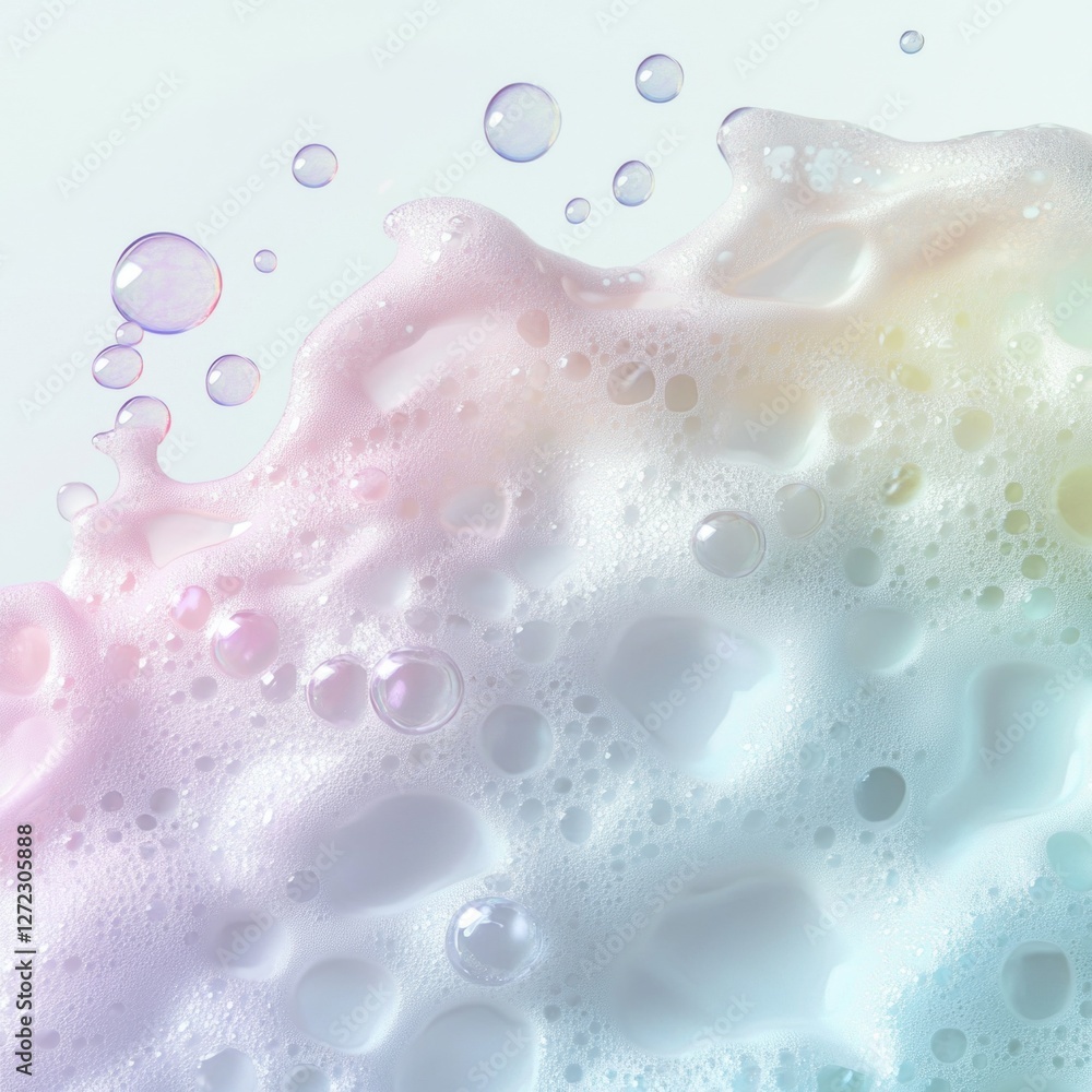 Aufkleber Layers of delicate soap foam create a mesmerizing texture, adorned with shimmering bubbles in soft pastel colors. The light reflects off the surface, generating a dreamy atmosphere