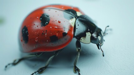 A macro close-up of Coccinella septempunctata, also known as the seven-spot ladybird, isolated against a white backdrop.
