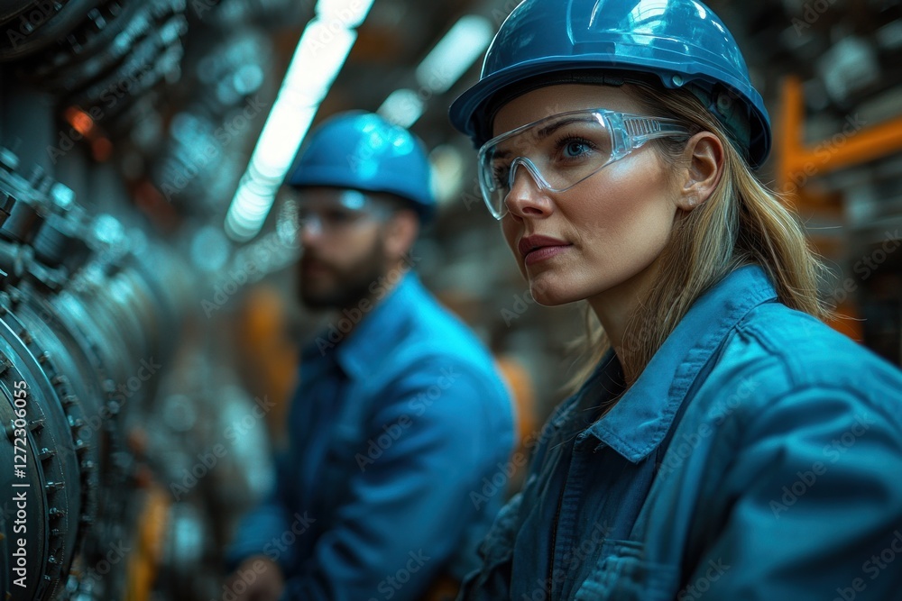 Poster engineers discussing technology in modern factory setting with machinery