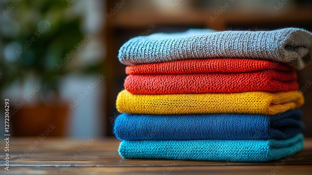 Poster a vibrant assortment of cotton clothes is stacked neatly on a rustic wooden table. the colors includ