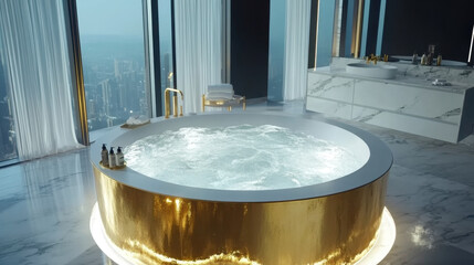 This grand bathroom showcases an opulent round bathtub surrounded by elegant marble finishes. Floor-to-ceiling windows reveal a breathtaking skyline in the background, enhancing its luxury